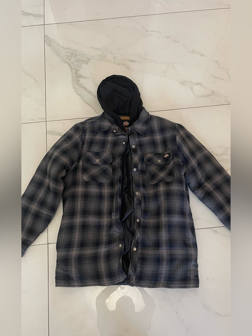 Dickies Black and Gray Plaid Hooded Work Shirt Jacket